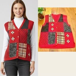 Grandma Boho Bohemians Button Down Crew Neck Red Sweater Vest.